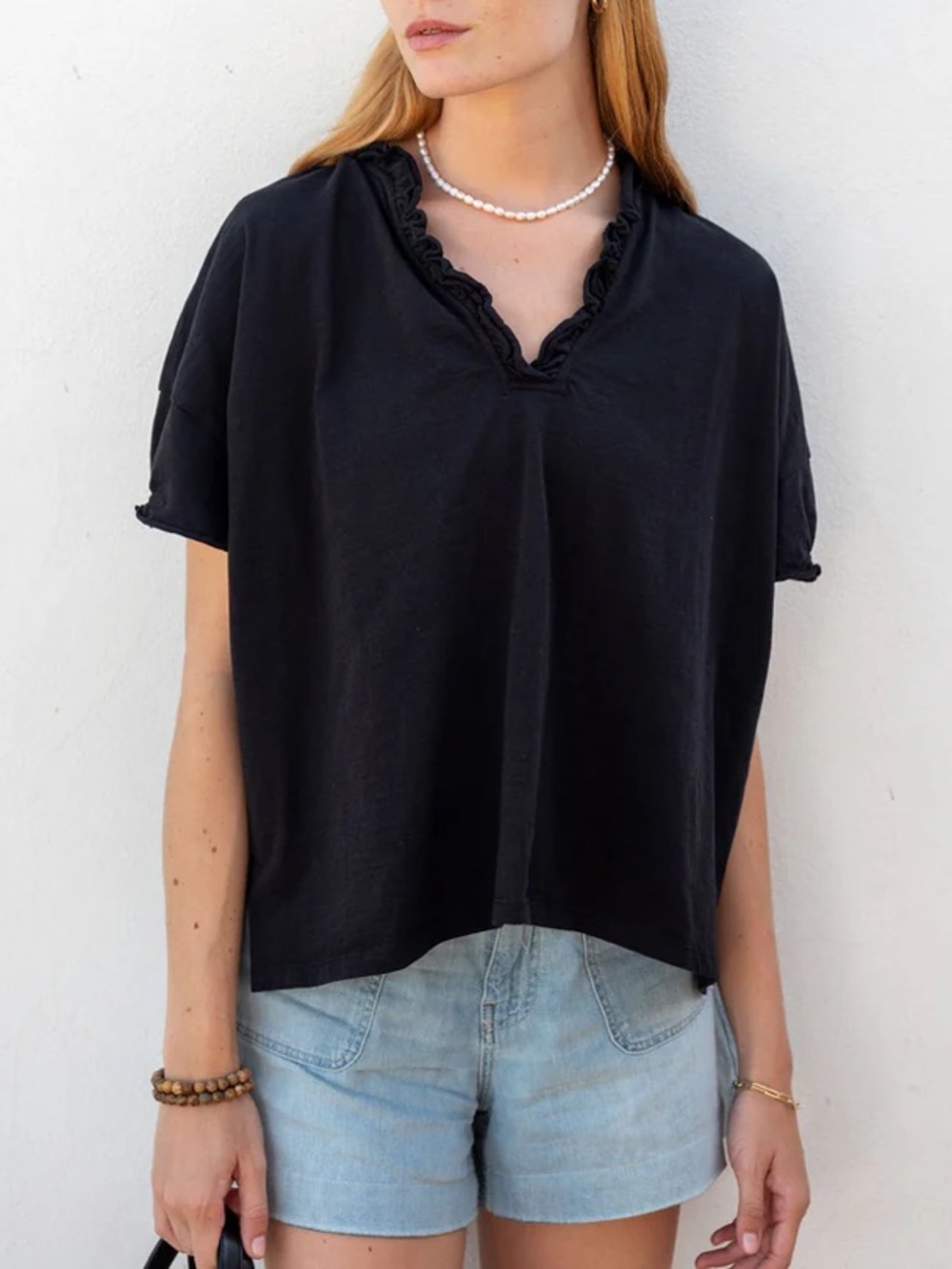 Mersea Amelia Ruffle Tee Short Sleeve Shirt Black V-Neck Nautical Preppy OS